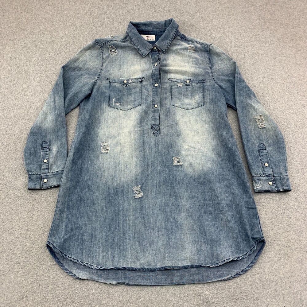 Ama by Margarita Bock Denim Shirt Dress Pearl Snap Size Medium Distressed Botiqu